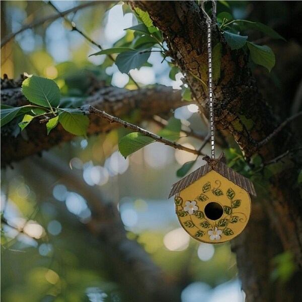 Willow & Silk Hanging Yellow Distressed Birdhouse on chain