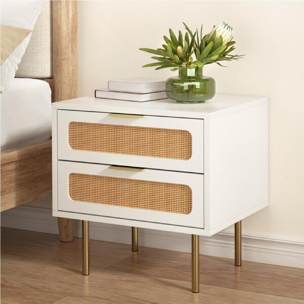 Artiss Bedside Table 2 Drawers Rattan Side Table Pine