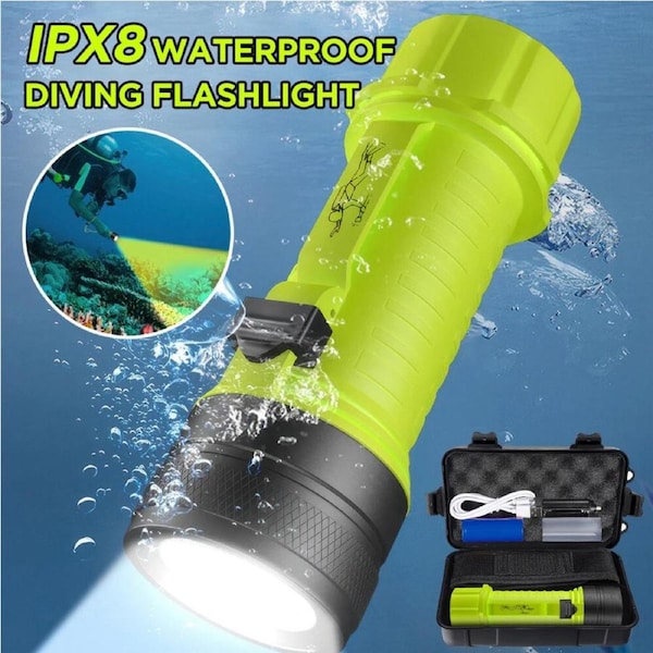 Waterproof Professional Scuba Light & Rope Charger High Power Diving Flashlight
