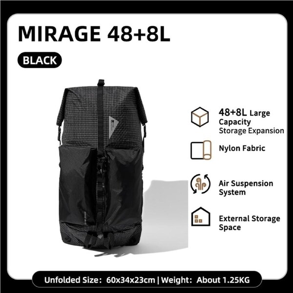 Mobi Garden Phantom 2.0 48+8L Backpack - Ultralight Dyneema Hiking Pack for Men/Women, Large Capacity Trekking Bag - BLACK