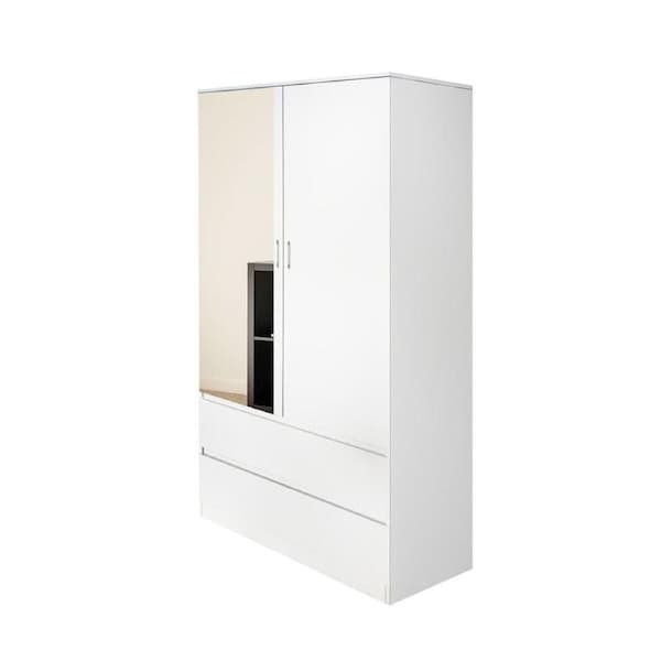 Wardrobe Cabinet Armoire Clothes Garment Storage Shelves Unit Organiser Glass Mirror Door Drawer Closet Cupboard Bedroom Furniture Hanging Rail White