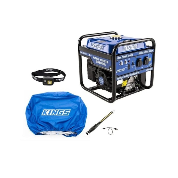 Kings 3.0kVA Generator Value Pack + cover +worklight + rechargeable head torch