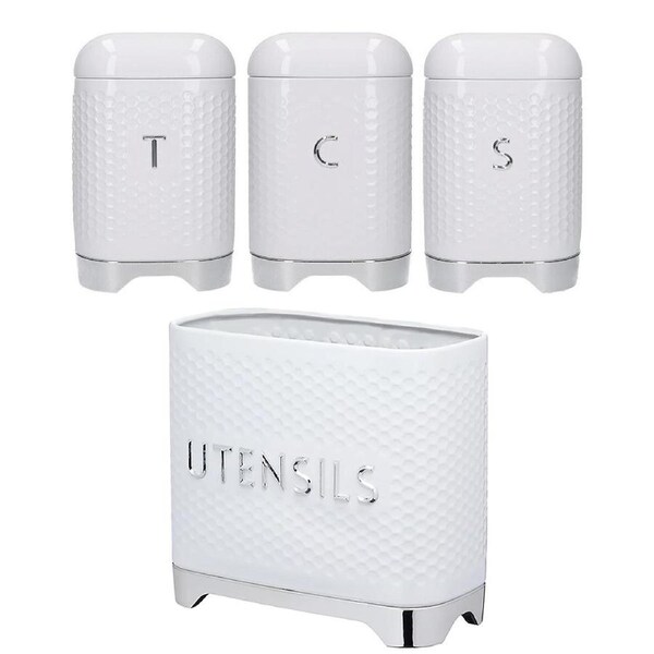 Kitchencraft White Lovello Textured Tea/Coffee/Sugar Set & Utensil Holder Combo