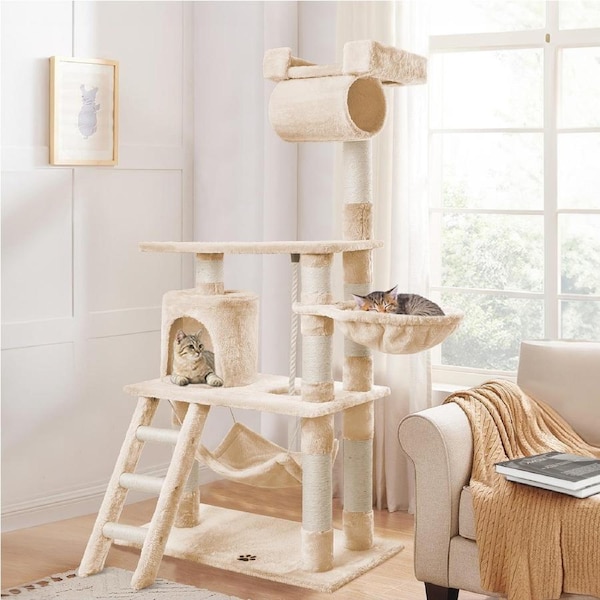 BEASTIE Cat Tree Scratching Post Scratcher Tower Condo House Furniture Wood 141cm Beige