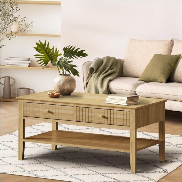 Oikiture Coffee Table Rectangle Table Side Storage Drawers Shelving Natural