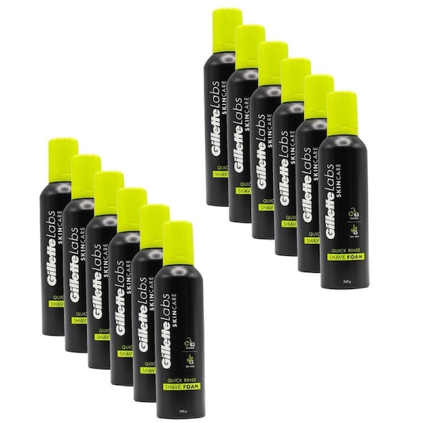 12PK Gillette Labs Skin Care Quick Rinse Mens Shave/Shaving Foam/Gel 240G Black