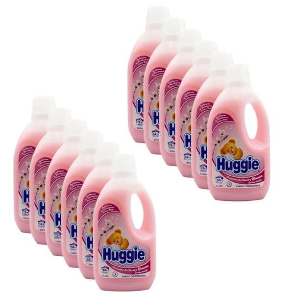 12PK Huggie Liquid Fabric Conditioner Softener 1L Jasmine & Cherry Blossom