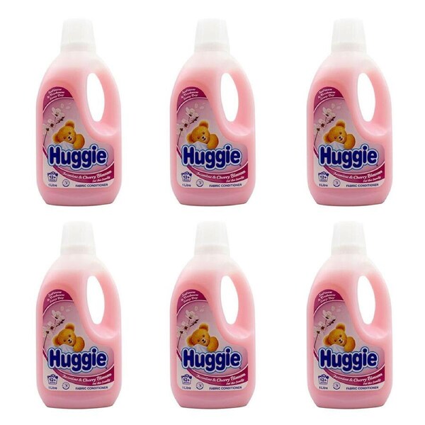 6PK Huggie Liquid Fabric Conditioner Softener 1L Jasmine & Cherry Blossom