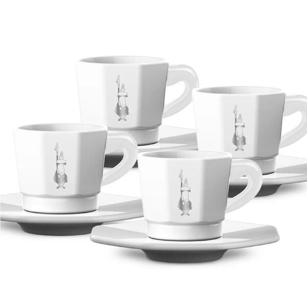 Bialetti White Octagonal Coffee Cups with Saucer - Set of 4