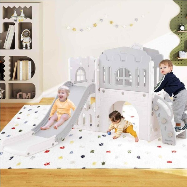 Costway 9 in 1 Slide Set Slide & Climber Playset w/Basketball Hoop Indoor Outdoor Playground Toys Grey