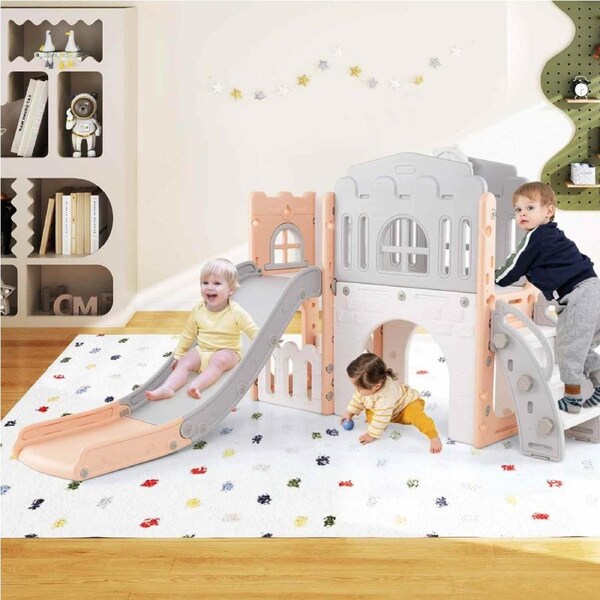 Costway 9 in 1 Kid Slide Set Slide & Climber Playset w/Basketball Hoop Indoor Outdoor Playground Toys Toddler Pink