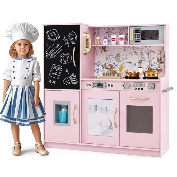 Costway 80x24 x82 cm Kitchen Playset Pretend Cooking Toy w/Cookware & Blackboard Preschool Toy Birthday Gift