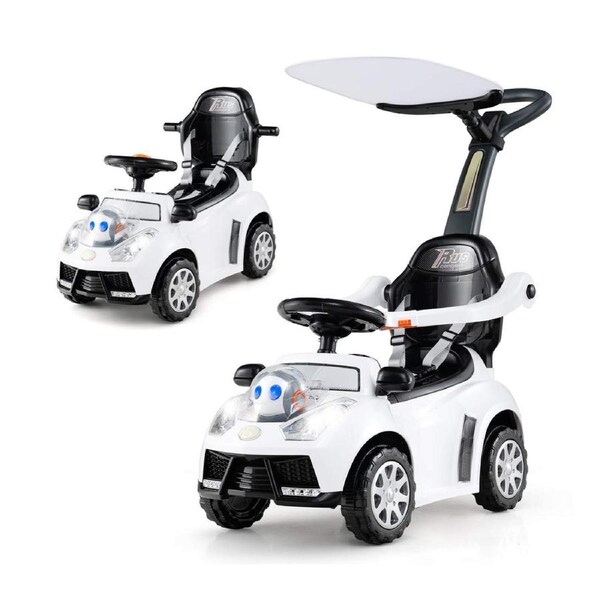 Costway 3 in 1 Ride on Push Car Stroller Sliding Walking Car w/Canopy/Music Electric Car Toy White