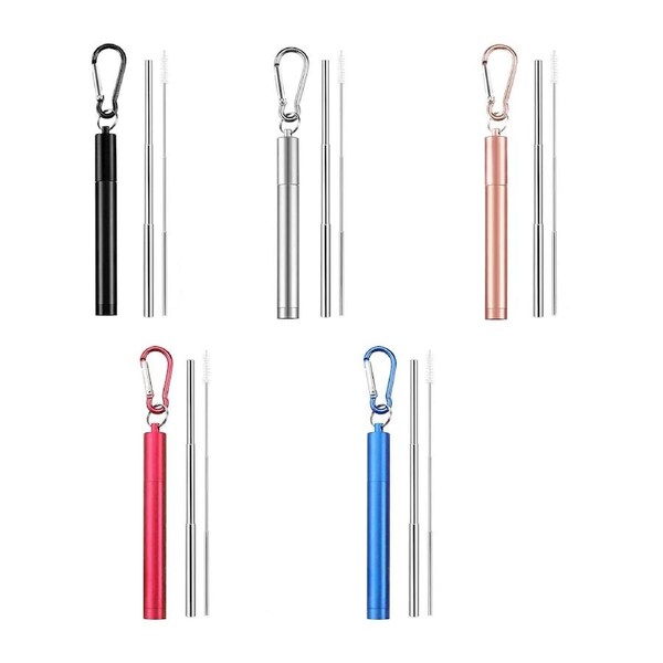 Stainless Steel Metal Straw Reusable Drinking Collapsible Brush Foldable Keyring Red
