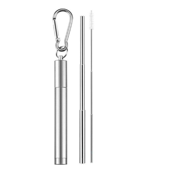 Stainless Steel Metal Straw Reusable Drinking Collapsible Brush Foldable Keyring Silver