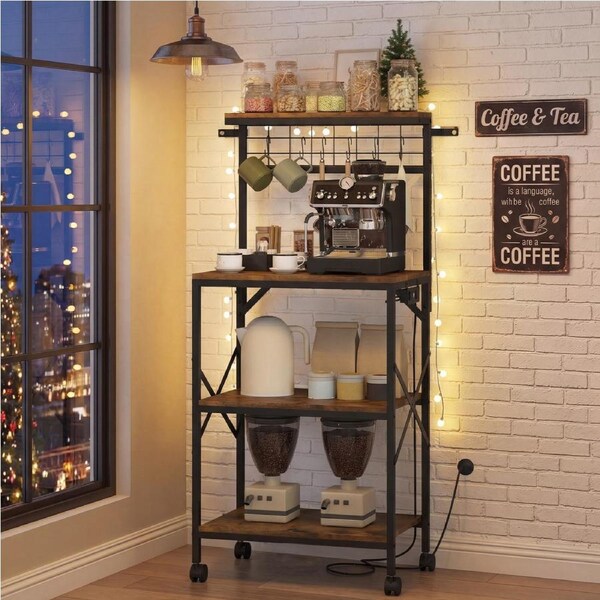 Advwin Kitchen Bakers Rack with Power Outlet 4 Tiers Microwave Oven Stand Coffee Bar Table Kitchen Storage Shelf 60*40*130cm Rustic Brown
