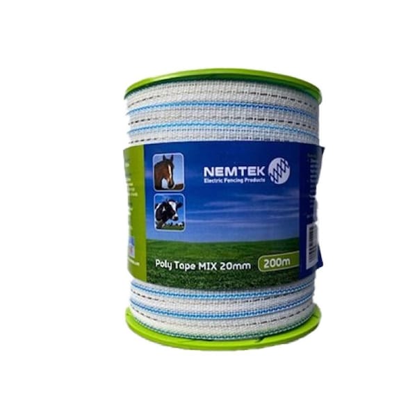 Nemtek 200m 20mm MIX Electric Fence Poly Tape - White - AW-PTMX20MM-200