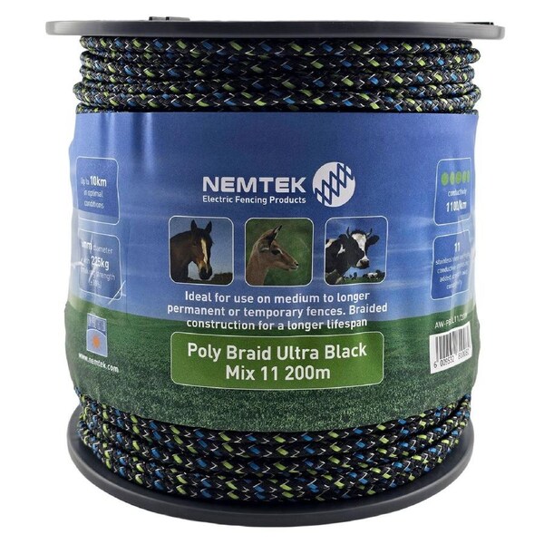 Nemtek 200m 6mm Ultra MIX11 Poly Braid Electric Fence Rope - Black - AW-PBUL11-200M
