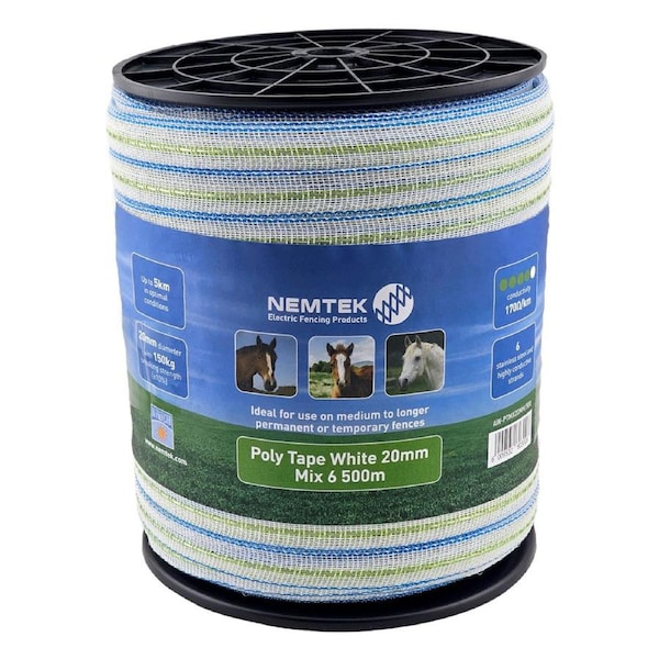 Nemtek 500m 20mm MIX Electric Fence Poly Tape - White - AW-PTMX20MM-500