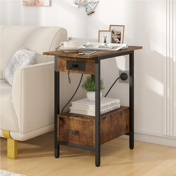Advwin Side Table Narrow Bedside Table w/ Charging Station & Drawer Sofa End Table Walnut