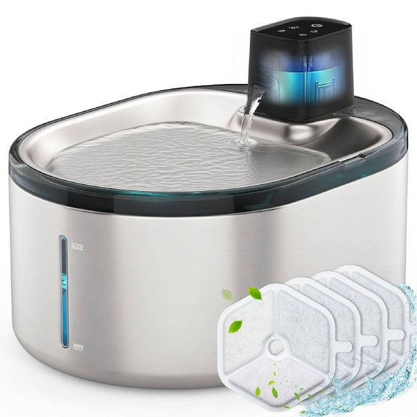 Advwin 4L Pet Water Fountain Stainless Steel+ 4 Set Replacement Pet Water Fountain Filters