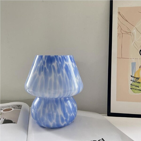 Clora Mushroom Glass Table Bedside Lamp Nightstand Light 3 Color Temperature Bedroom Living Room Home Decor Ocean Blue