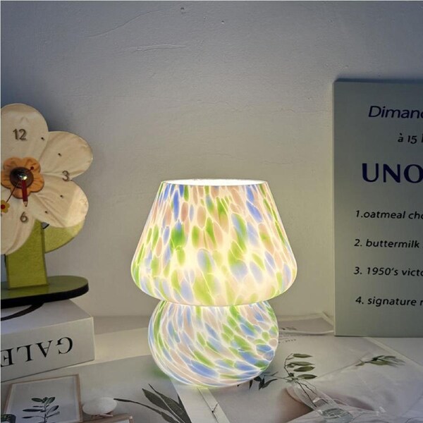 Clora Mushroom Glass Table Bedside Lamp Nightstand Light 3 Color Temperature Bedroom Living Room Home Decor Jade Green