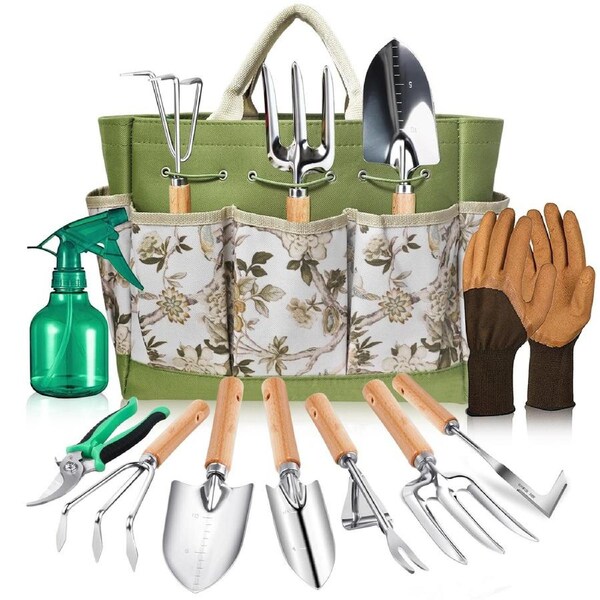SpringUp Garden Tool Set 10-Piece Gardening Tools Heavy Duty Gardening Hand Tools with Fashion and Durable Garden Tools Organizer Handbag,Stainless Steel Rust-Proof, Ideal Gardening Gifts for Women