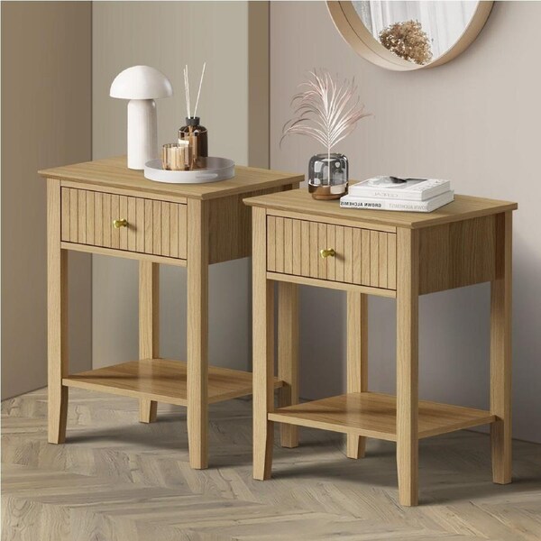 Oikiture 2x Bedside Table 1 Drawer Side End Table Open Shelf Nightstand Natural