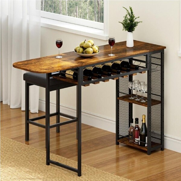 Artiss 140cm Industrial Bar Table with Wine Rack Built-in Cup Holder Extendable