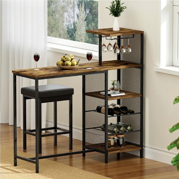 Artiss 122cm Industrial Bar Table with Wine Rack Cup Holder Multi-Level Storage Walnut