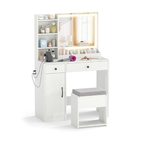 Giantex Vanity Desk Stool Dressing Table Set w/LED Lighted Mirror & Power Outlets Makeup Table White