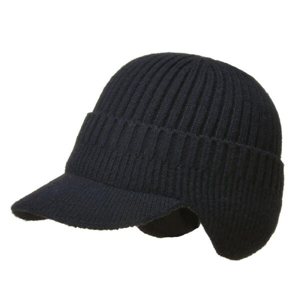 Winter Warm Thick Wool Beanie Hat Men's Knit Cap with Brim Cycling Cap Black