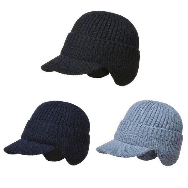 Winter Warm Thick Wool Beanie Hat Men's Knit Cap with Brim Cycling Cap Navy