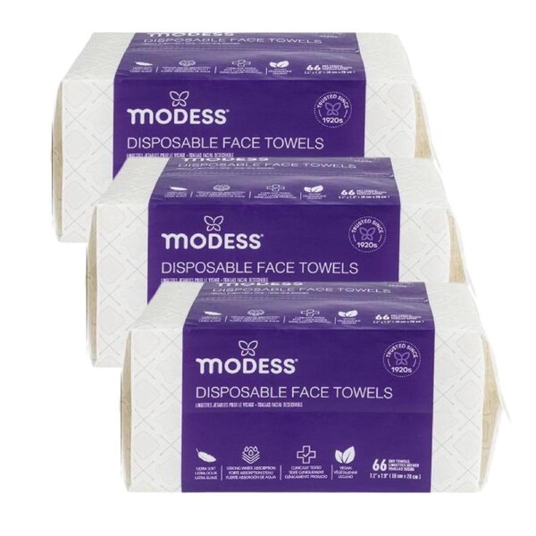 Modess Disposable Face Towels – 3 Pack (66 Towels Each, 18cm x 20cm)