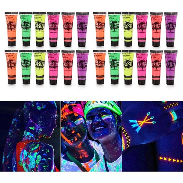 24 Tubes 25ml Art Body Paint Glow inLight Face & Body Paint with 6 Colors Glow Blacklight Neon Fluorescent for Party Clubbing Festival Halloween Makeup