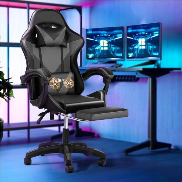 Oikiture Massage Gaming Chair Racing Recliner Office PU Leather with Footrest Black&Red