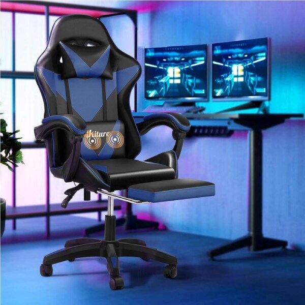 Oikiture Massage Gaming Chair Racing Recliner Office PU Leather with Footrest Black&Blue
