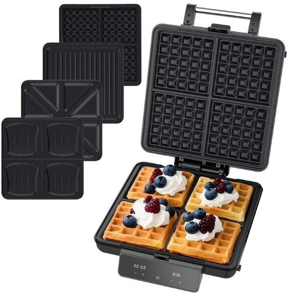 Advwin 4-in-1 Waffle Maker with Removable Plates, Sandwich Maker with LED Display, Touchscreen Timer, Adjustable Temperature, 1500W Breakfast Machine for Waffles, Paninis, Steak, Cake