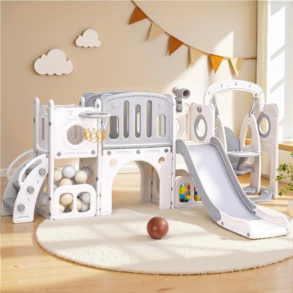 132cm Keezi Kids Slide Swing Set Basketball Hoop Ring Football Outdoor Toys grey