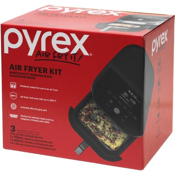 Pyrex Air Fryer Glass Baking Set - 3 Piece Set Bakeware Baking Dish Cooking Glassware - Includes Silicone Grip Pad