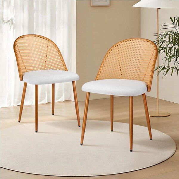 Cream White Set of 2 Rattan Dining Chairs with Cane Back for Home Kitchen Restaurant Cafe