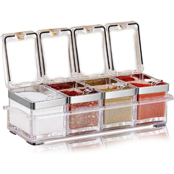 4-piece kitchen spice jar Transparent seasoning box-Seasoning storage container-Seasoning jar-Seasoning rack-Acrylic seasoning box with lid and spoon