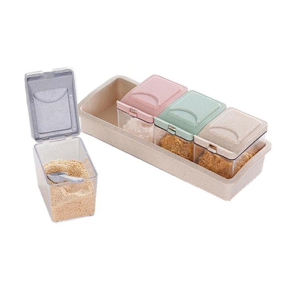 Wheat Straw Seasoning Storage Box With Spoon Pepper Spice Shaker Kitchen Storage