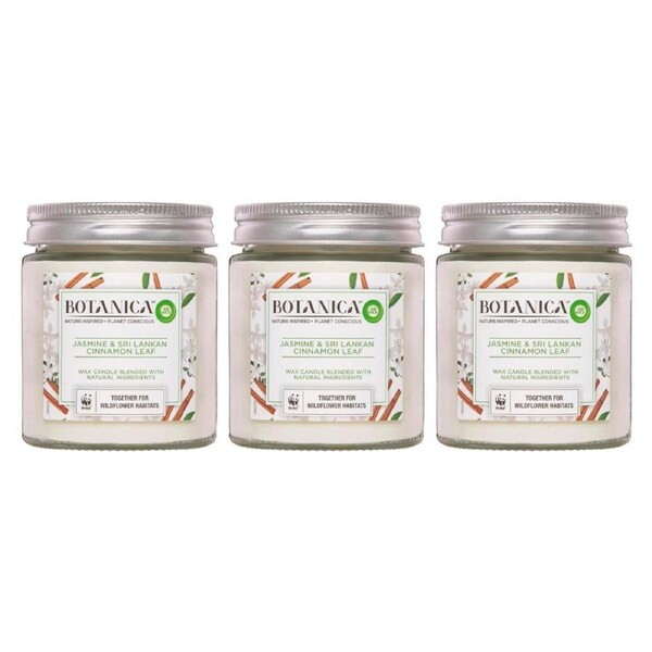 3x Air Wick Botanica Jasmine and Sri Lankan Cinnamon Leaf Candle 205g