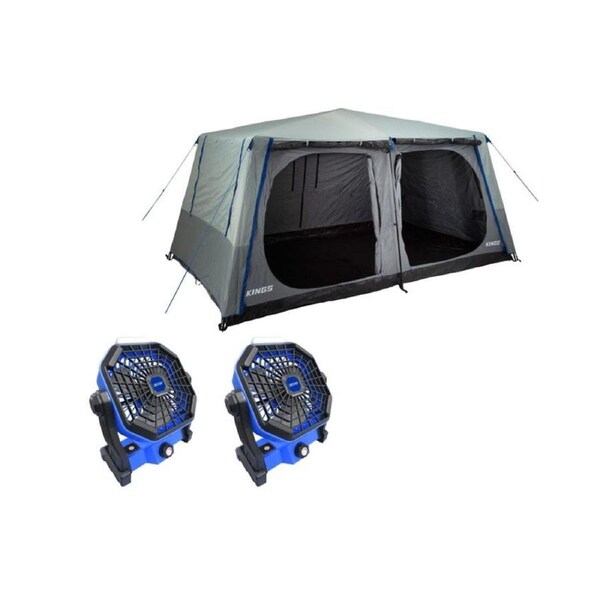 Kings 6-8 Person Tent polyester quick set up + 2x Lithium 2-in-1 LED Fan