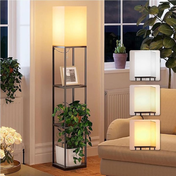 CLORA Floor Lamp with Shelves 3 Color Temperature LED Bulb Wood Storage Display Standing Lamp for Living Room Office Bedroom
