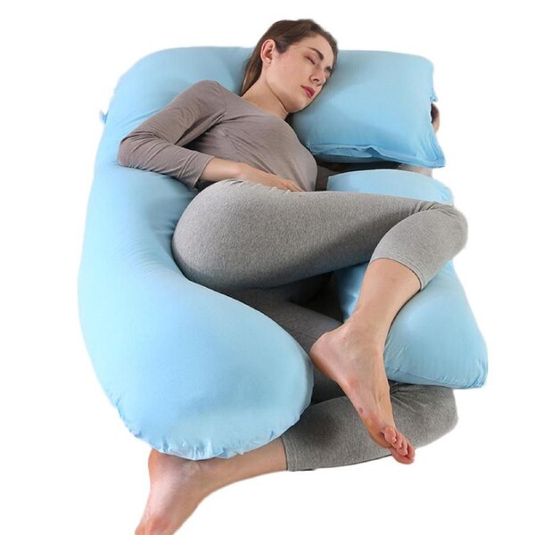 Catzon U-Shape Pregnancy Pillows with Removable Cooling Cover Belly Back Support-Sky Blue