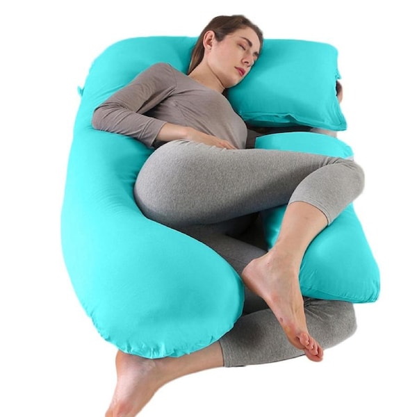 Catzon U-Shape Pregnancy Pillows with Removable Cooling Cover Belly Back Support-Lake Green