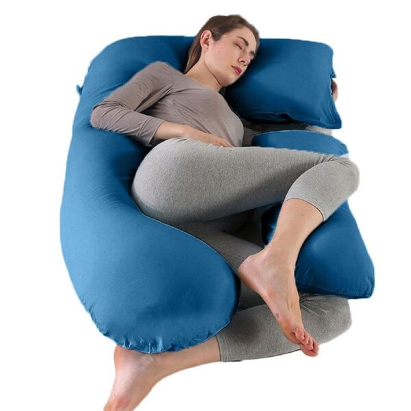 Catzon U-Shape Pregnancy Pillows with Removable Cooling Cover Belly Back Support-Dark Blue